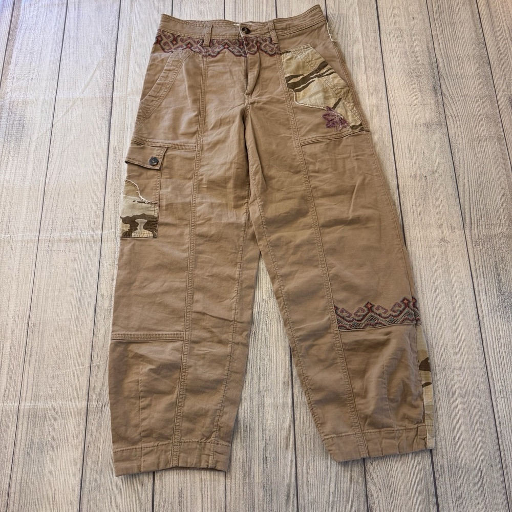 Anthropologie Embroidered Cargo Pants Floral Warm Wheat Patchwork Size 4